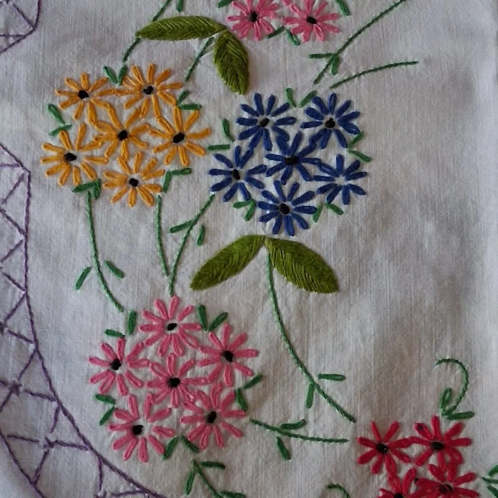 🌸 Vintage Floral Embroidered Tablecloth • Crochet Lace Edge • 54x58 Multicolor